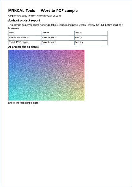 First page of the original sample PDF with a heading, table and image